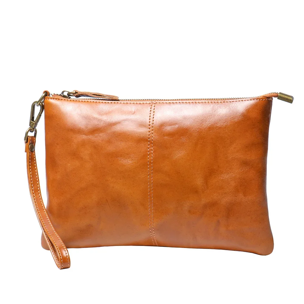 Vintage Men's Leather Clutch Handbag Handmade Vegetable-tanned Leather Document Bag Top Grain Cowhide iPad Bag Simple Wrist Bag