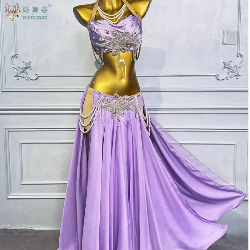 Bauchtanz-Kostüm-Set, individuelle Gestaltung, luxuriöser Diamant-BH + sexy geteilter langer Rock, 2-teilig, orientalische professionelle Performance-Kleidung