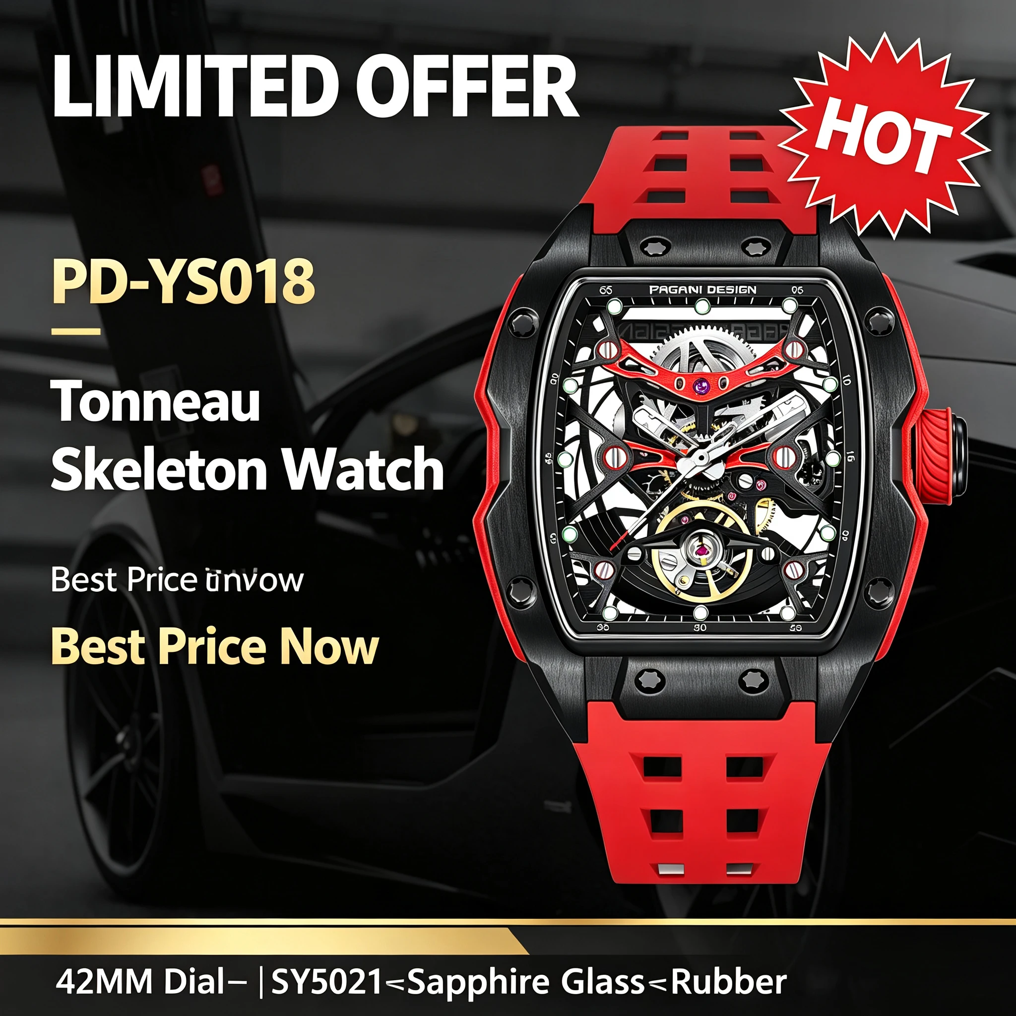 PAGANI DESIG Men Tonneau Skeleton Mechanical Watch Automatic SX5021 Wristwatch Sapphire Fluorine Rubber Strap For Men Present
