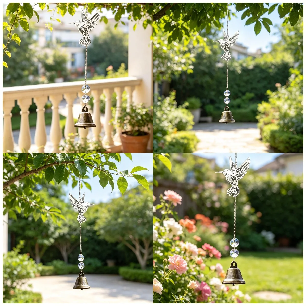Crystal Hummingbird Wind Chime Suncatcher Metal Bird Pendant Garden Window Hanging Ornament Antique Bronze Bell Prism Decor Gift