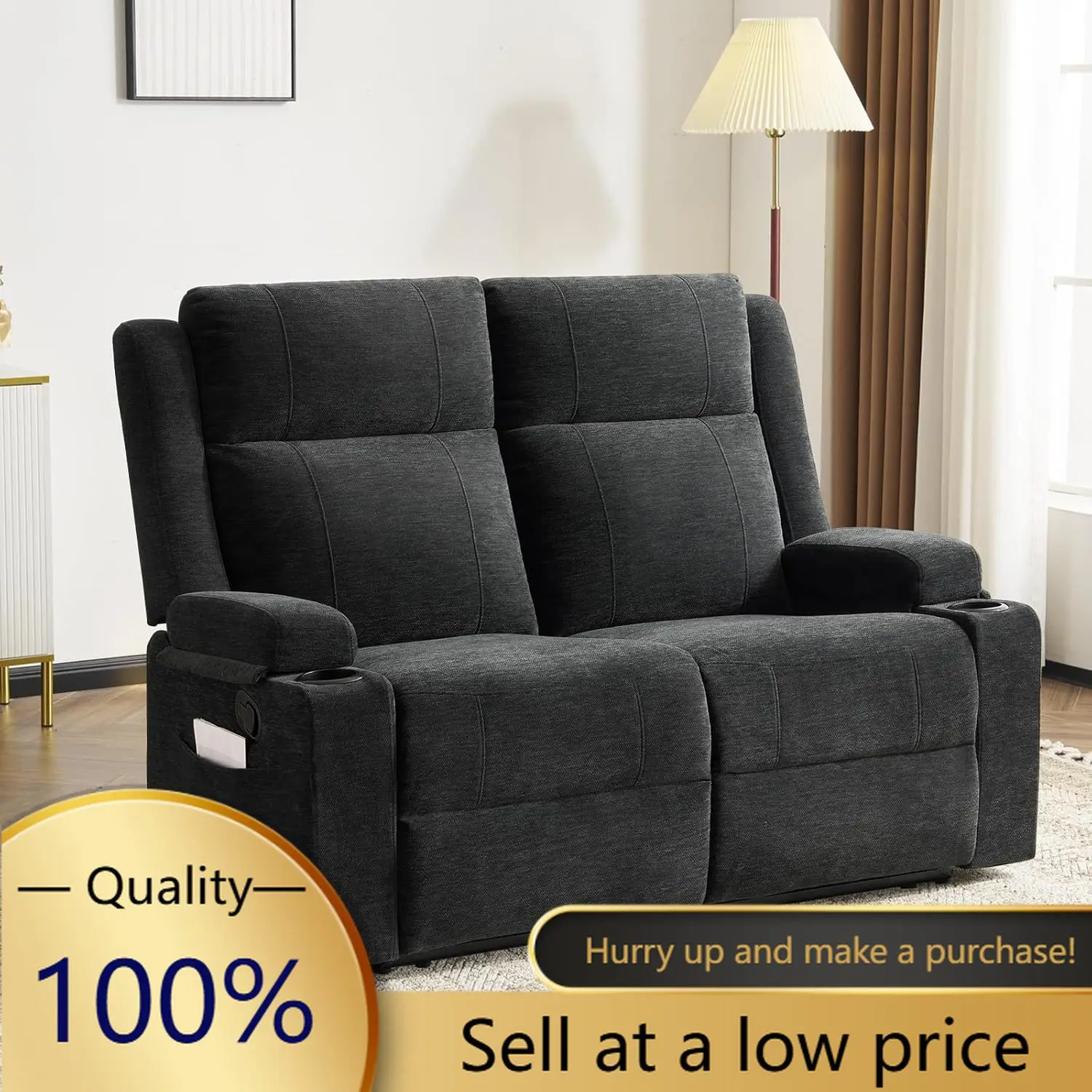 Loveseat Recliner Sofa, Double Recliner Loveseat with Adjustable Footrest & Cup Holder, Wall Hugger Sofa for Living Room & Home