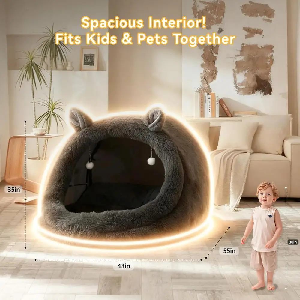 سرير أليف كبير جدًا مقاس 55 × 43 × 35 بمظلة رمادية منفوشة للكلاب والقطط والإنسان، وسادة وبطانية قابلة للإزالة، قابل للغسل في الغسالة، كعكة لطيفة