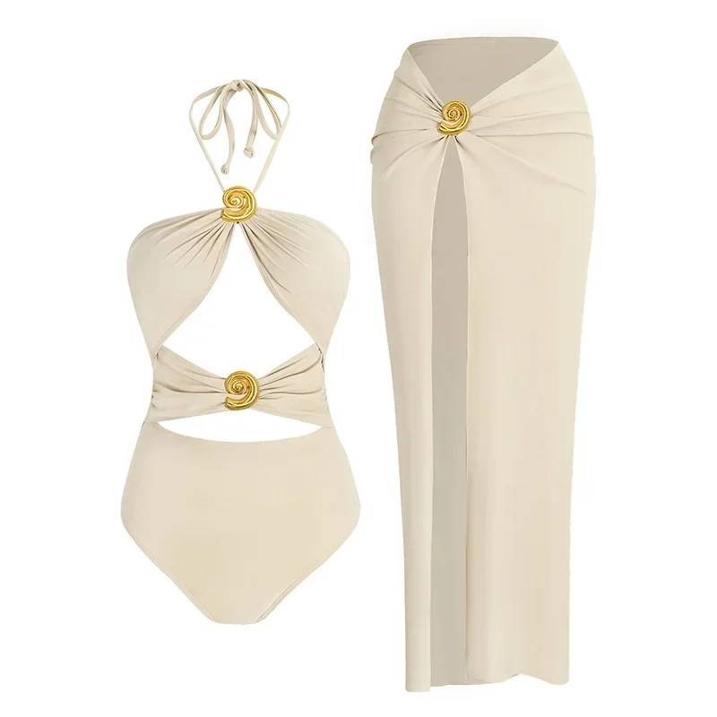 Traje de baño Sexy de una pieza para mujer, ropa de playa de 2 piezas con escote pronunciado de Color sólido, conjunto de Bikini con falda para la playa con abertura alta, ropa de resort K122