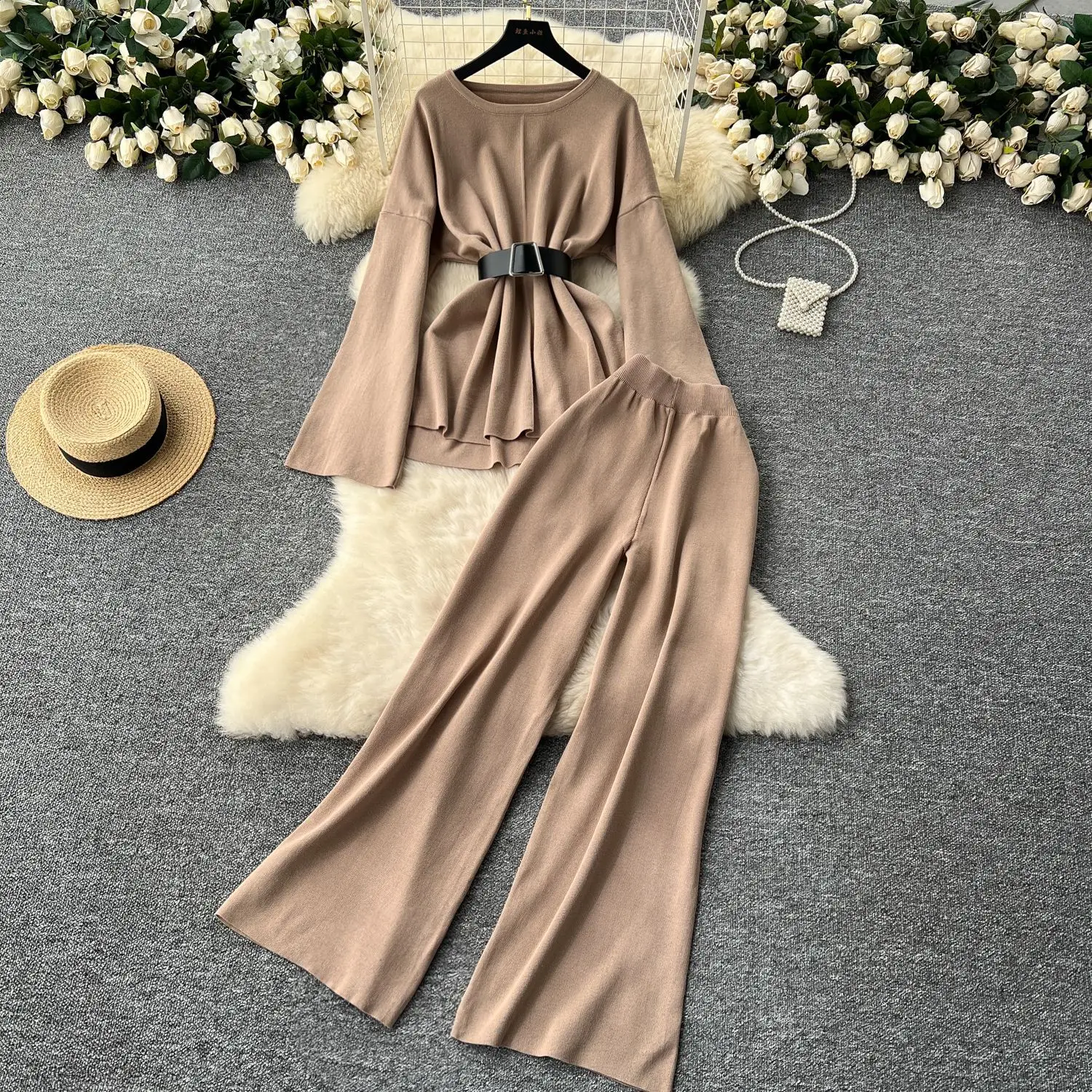 

Two Piece Sets Women Pant Set Matching Sets Flare Sleeve Tops Wide Leg Long Pants High Waist Y2k Streetwear Elegant Splice Work