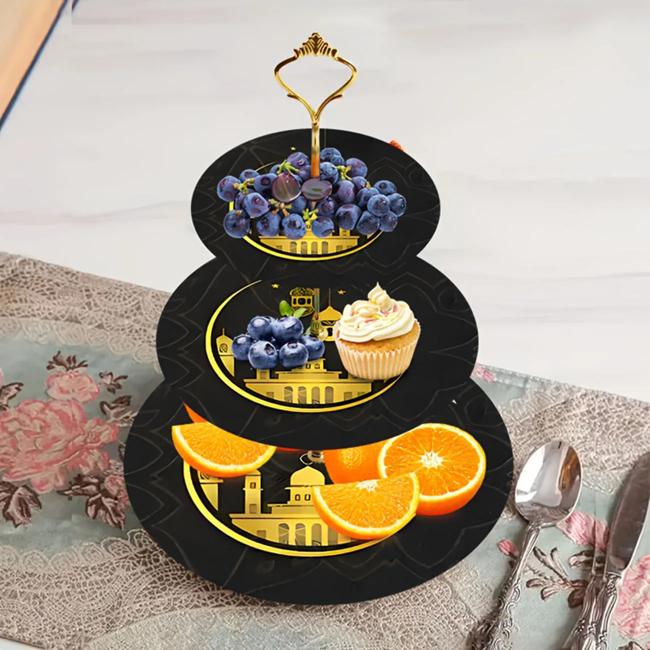 1-piece set of 3-layer wooden floral themed cake rack, securely decorated cake tray, detachable dessert display stand