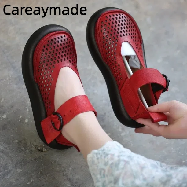 

Careaymade-Handmade Genuine leather wider toe women's Sandals,cowhide bread sole Hollow out shoes V-mouth hollowed single shoes