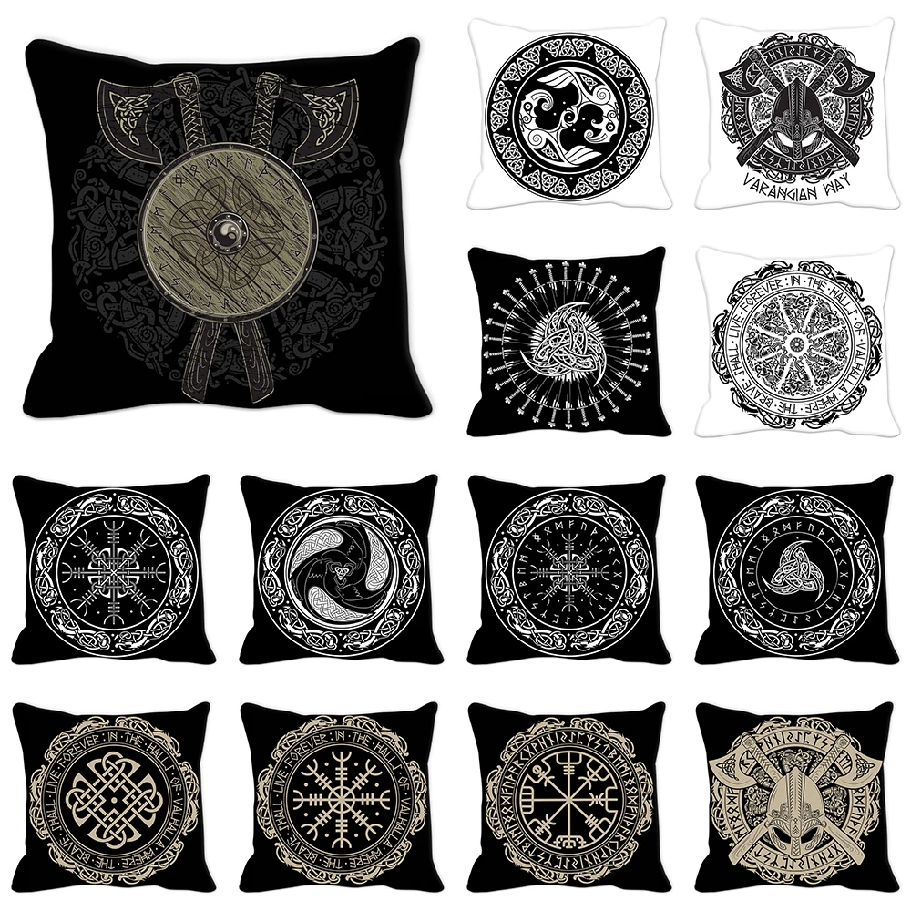 45x45cm circular black rune printed pattern cushion cover for home living room sofa chair decoration polyester pillowcase