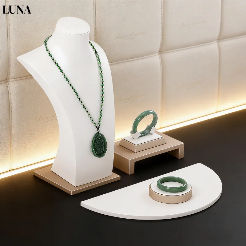 Boutique Window Display Stand in White & Champagne Leather, Professional Jewelry Showcase for Fine Jade & Gemstone Necklaces, Ex