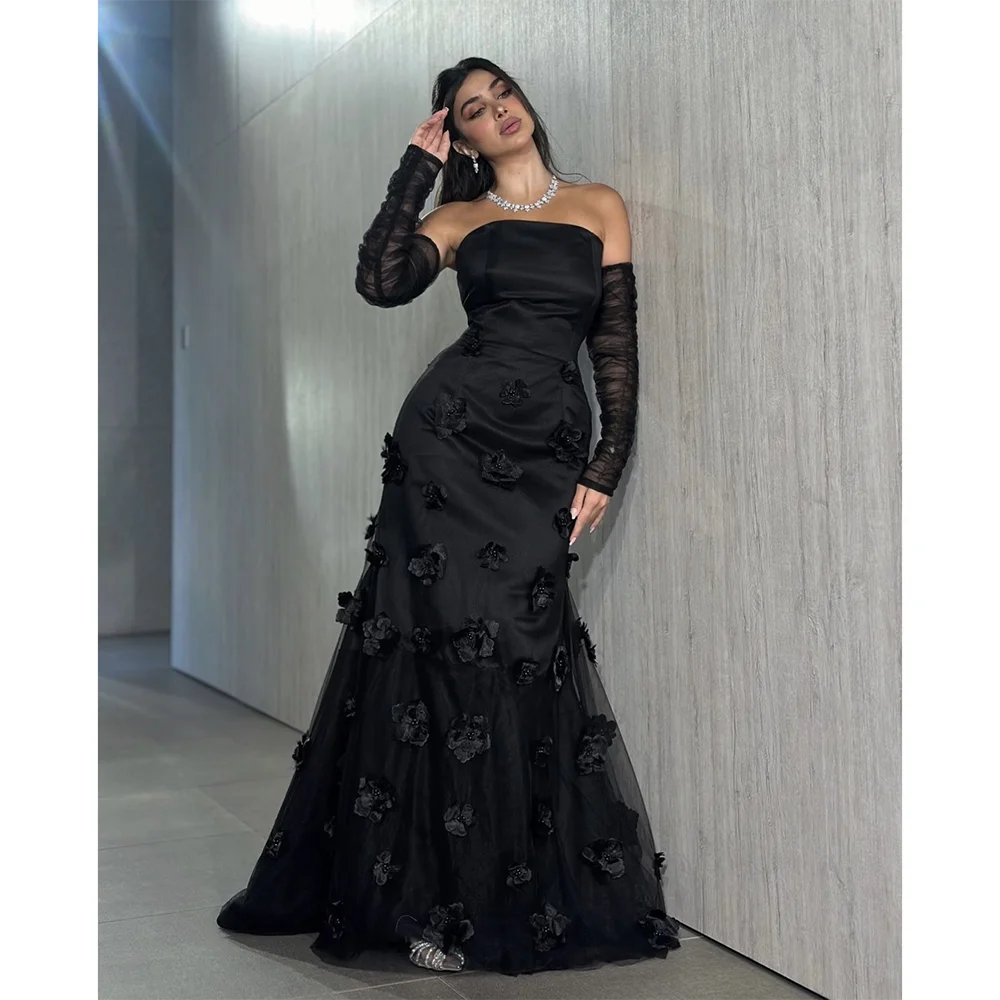 

Customized Elegant Black Mermaid Evening Dresses Applique Pleated Party Girl Prom Gowns Floor-Length Formal Homecoming Gowns