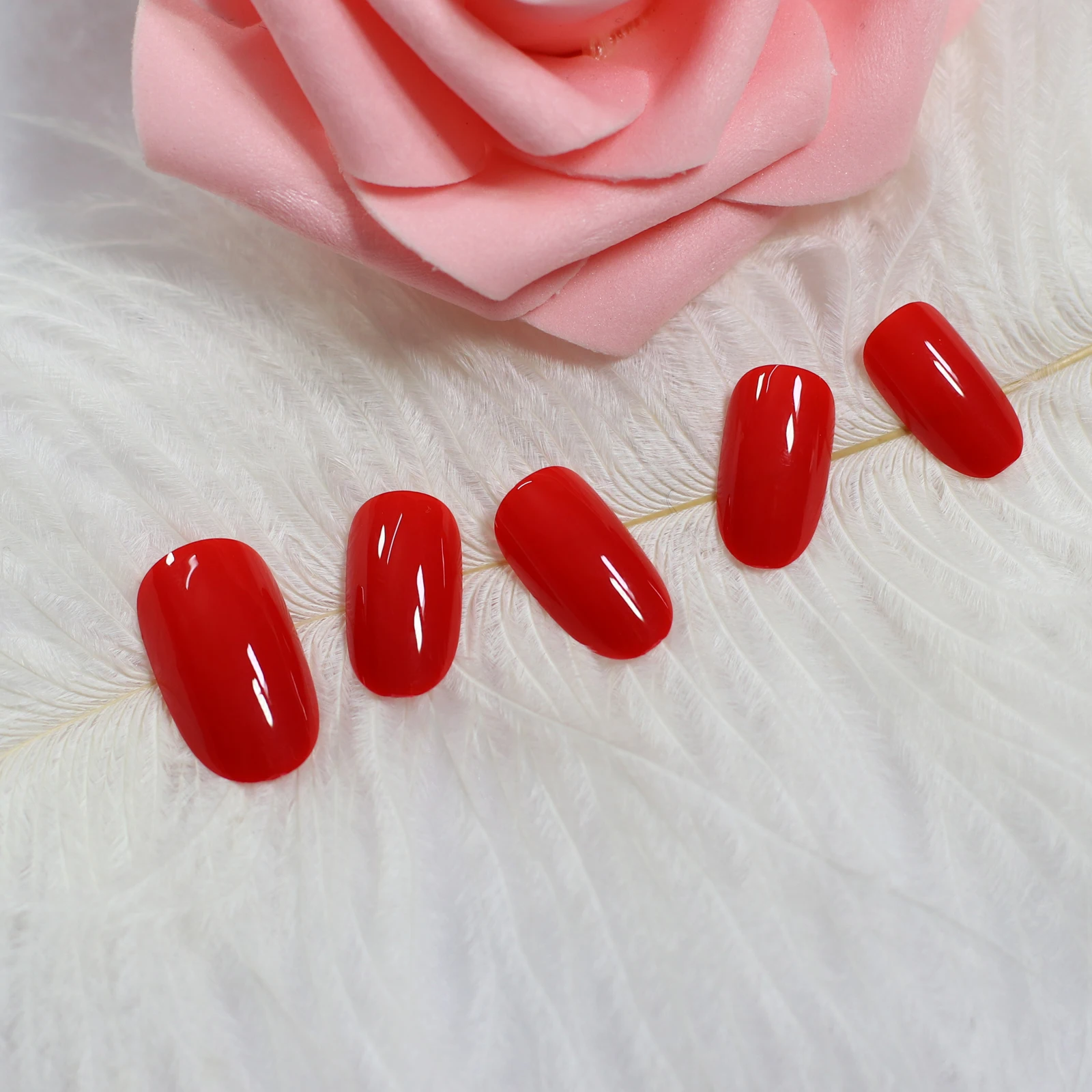 24pcs Medium Oval Nail Tips Uv Gel Solid Color Red Fingernails Press On Nails Lovely Design Full Coverage Manicure At Home