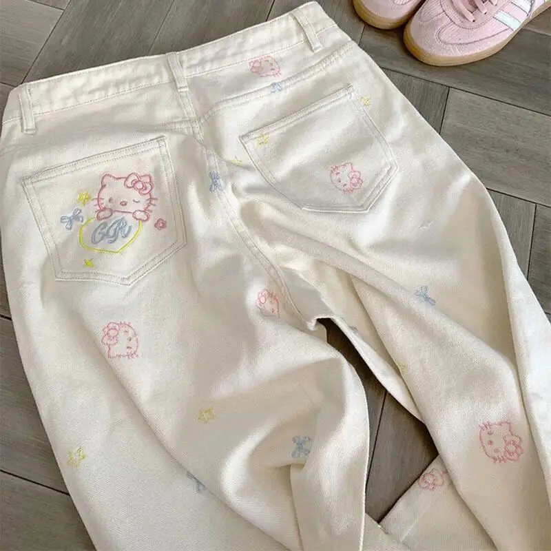 

Новые джинсы Sanrio Hello Kitty с высокой талией, прямые, широкие, женские, летние, милые, с вышивкой, в американском стиле, модный дизайн