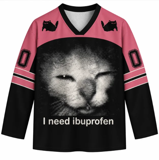 Y2K Emo Meme I Need Ibuprofen Black Cat Hockey Jersey Retro 3D Printed Long Sleeve V-Neck Unisex Funny Streetwear Pullover