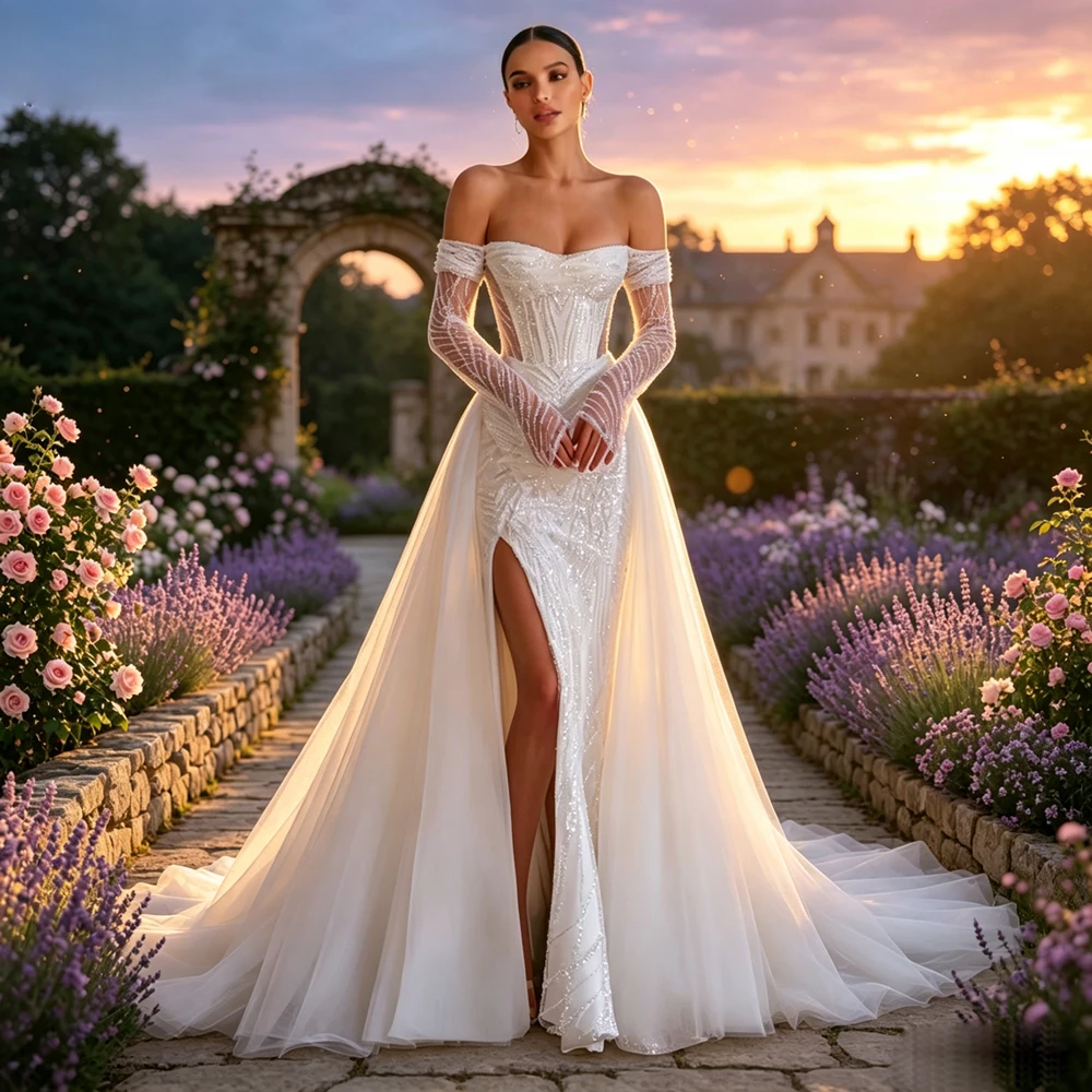 Alonlivn Customize Luxurious Fitted Mermaid Gown Made Of Exclusive Beaded Lace Off The Shoulder Fantastic 2 In 1 Bridal Dresses