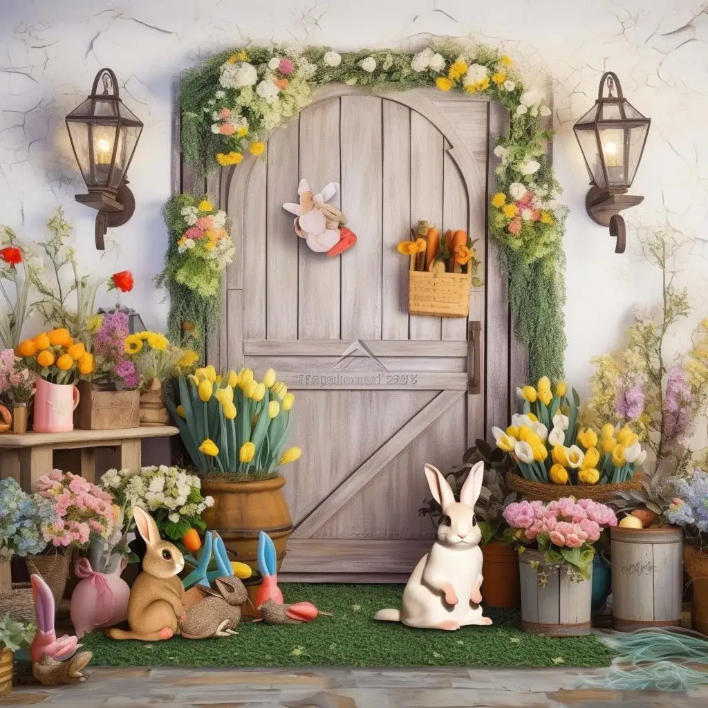 

Пасхальный фон для детской фотосъемки весенние цветы кролик яйцо конфеты студийные Фотообои