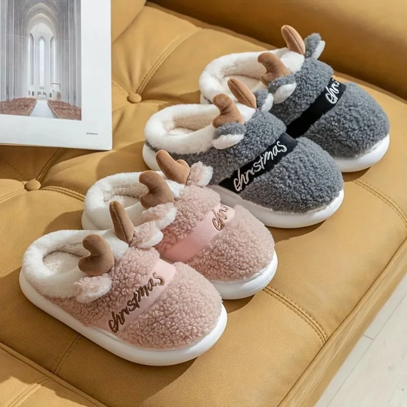Home Fuzzy Slipper Women Christmas Elk Platform Fluffy Winter Warm Fur Plush Indoor Female Furry House Shoe Flat Ladies Male Men