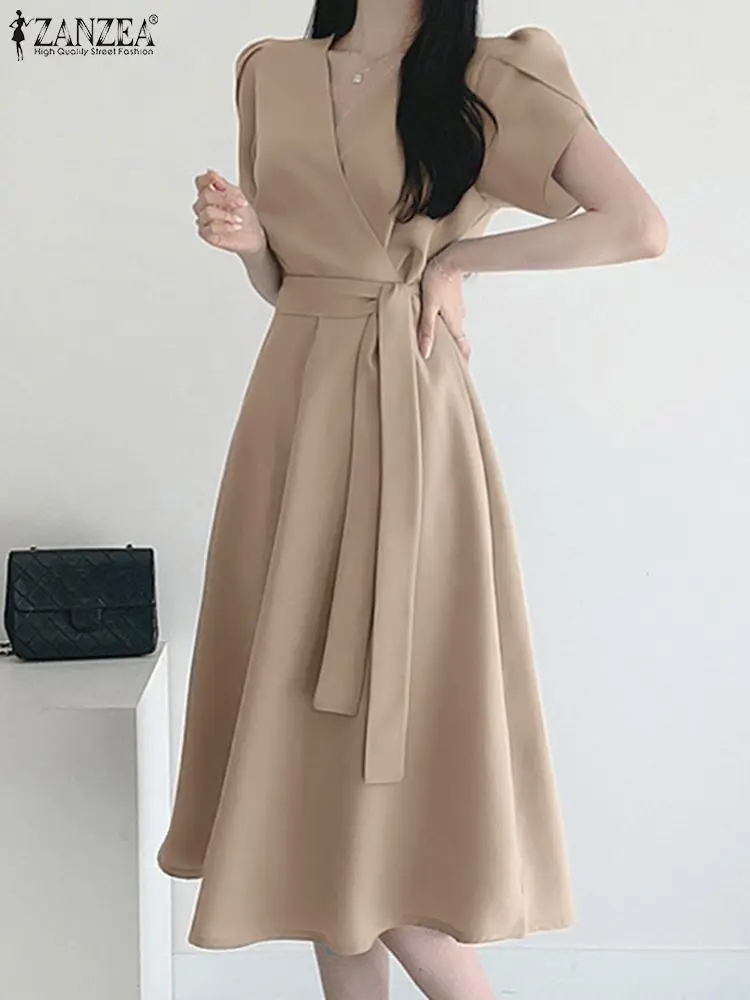 Moda damska OL Work Sundress ZANZEA Elegancka letnia sukienka z krótkim rękawem Casual Solid A Line Vestido Kaftan Sarafans Robe Femme
