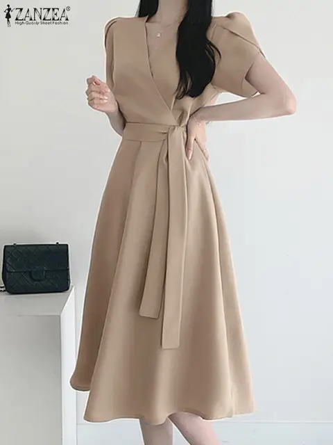 Moda damska OL Work Sundress ZANZEA Elegancka letnia sukienka z krótkim rękawem Casual Solid A Line Vestido Kaftan Sarafans Robe Femme