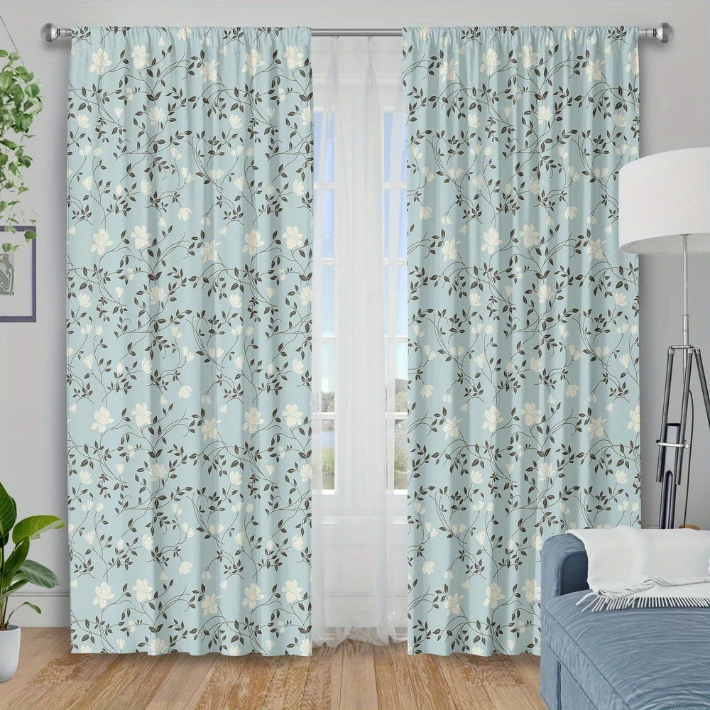 Elegant Light Blue Botanical Floral Pattern Polyester Curtains Pair for Bedroom Window Drapes Set Living Room Home Decor Curtain