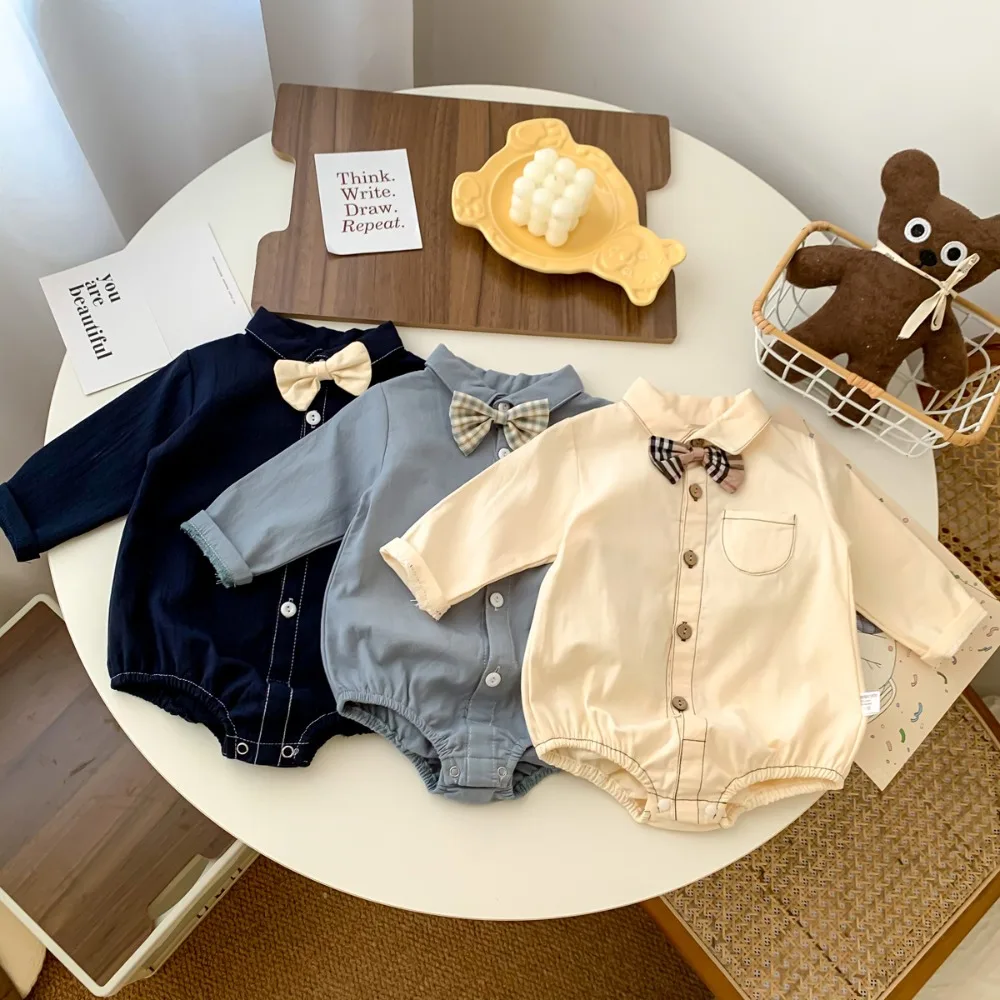 INS Autumn Newborn Baby Boy Romper 0-2Years Little Gentleman Solid Color Long Sleeve Turn Down Collar Bowtie Bodysuit Clothes