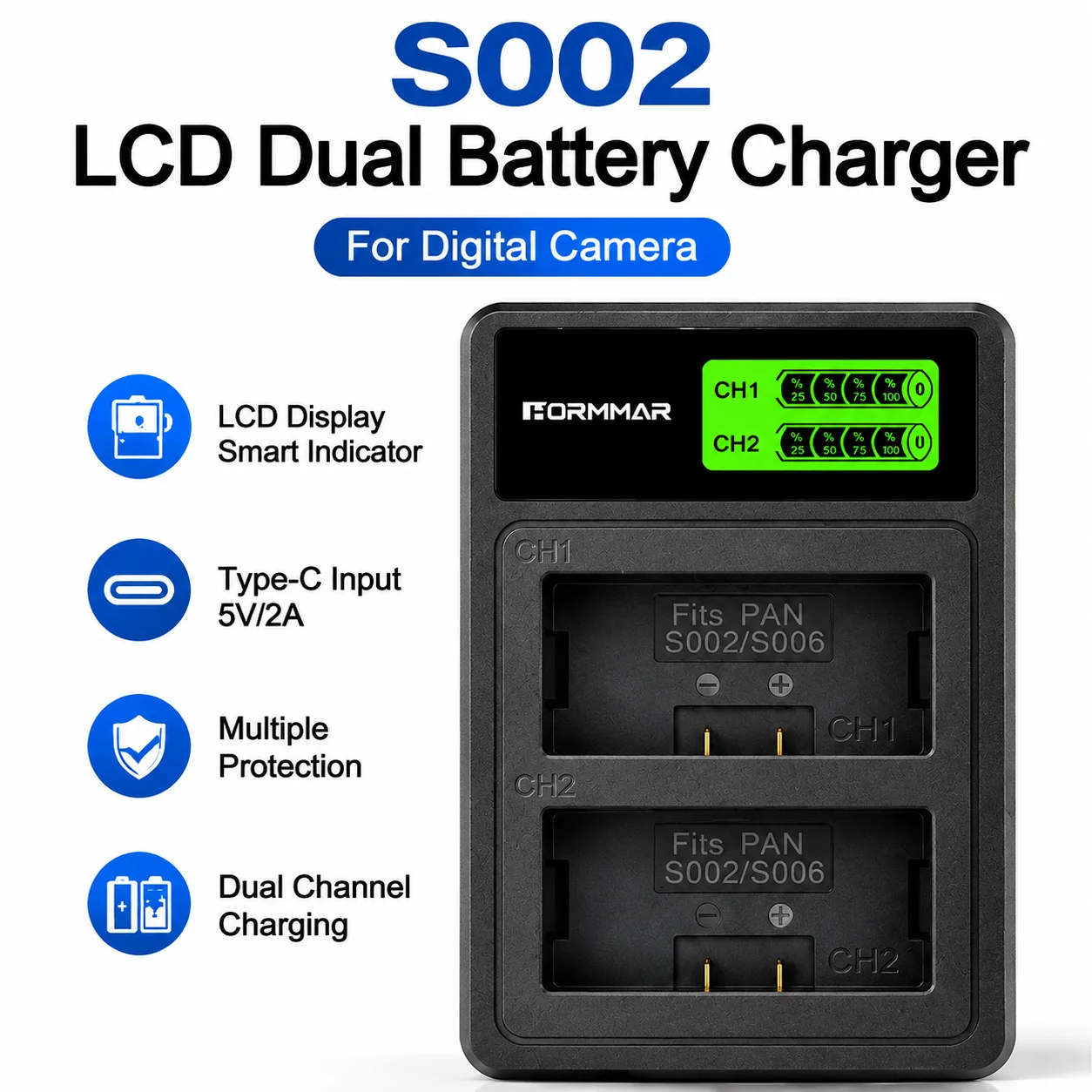 CGA-S006 CGA-S002 LCD USB Dual Slot Charger Fit Panasonic Lumix DMC-FZ7 FZ8 FZ18 FZ28 FZ30 FZ35 FZ38 FZ50 Battery Charger