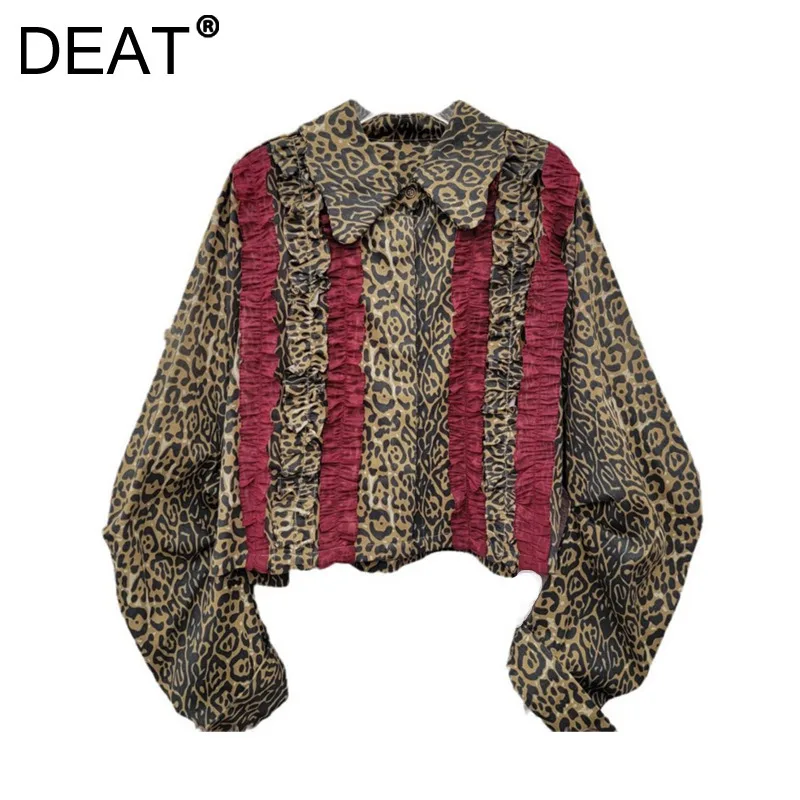 DEAT Women's Blouse Leopard Spliced Contrast Color Pleated Edge Single Breasted Puff Sleeve Short Shirt 2025 New Fashion Spring