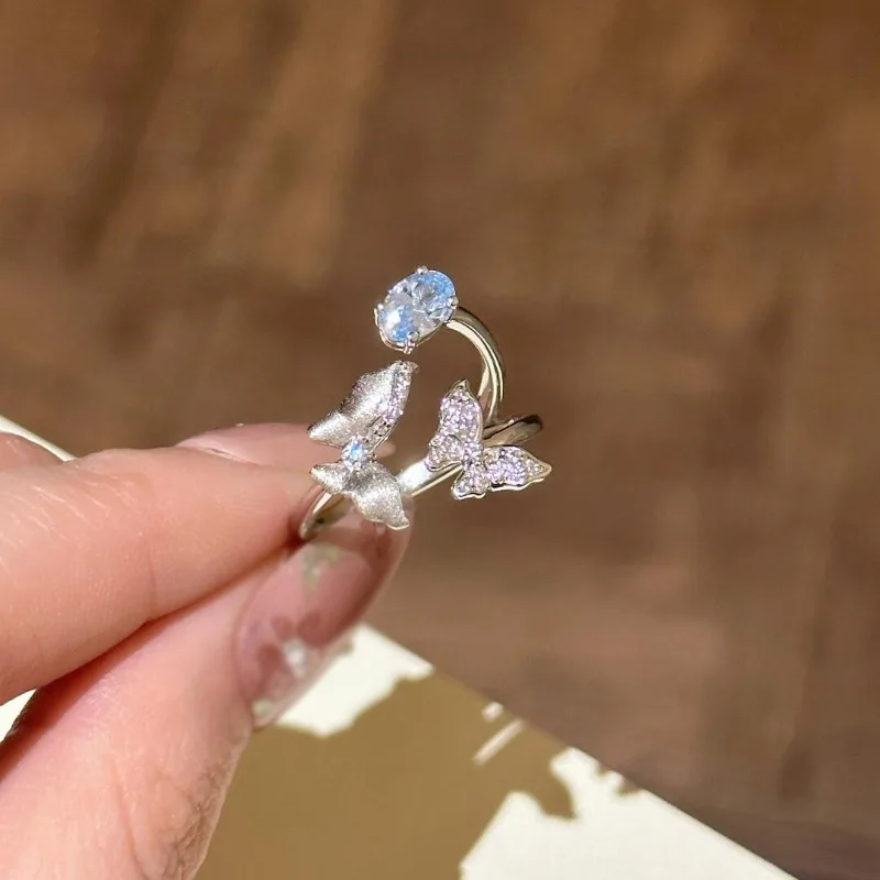 

[Butterfly Spring Edge] Fashion Silver Brushed Twin Butterfly Ring Women's Light Luxury Zircon High-end Jewelry
