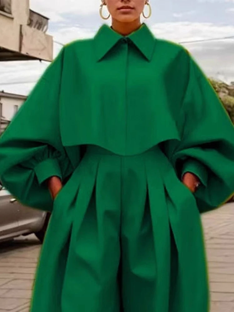 ファッションラペルカラーシャツ＆ロングパンツセット レディースカジュアルポケット長袖ルーズアウトフィット エレガントボタンドレープソリッド2ピーススーツ