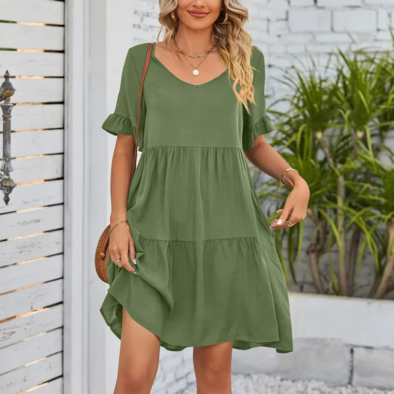 Sommerkleid für Frauen lässig lose Kurzarm V-Ausschnitt T-Shirt Kleid niedlichen fließenden Swing Babydoll Kleid