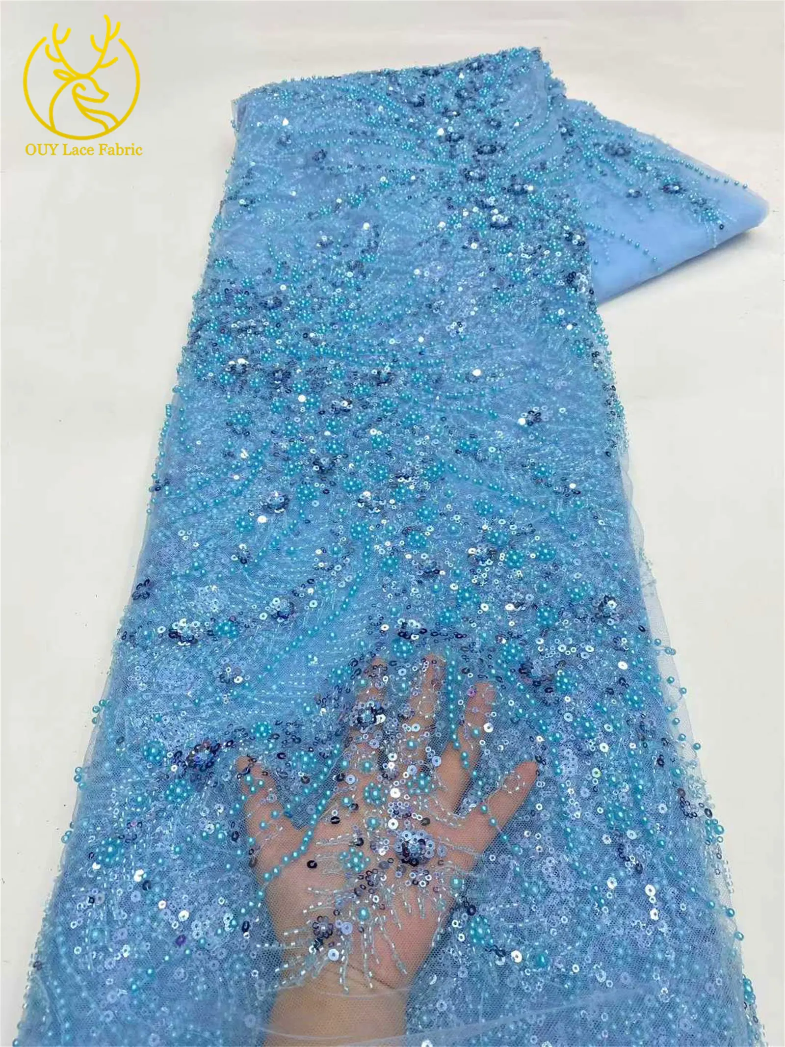 2026 Luxuriöser, zarter Netzstoff mit Perlenstickerei, 5 Yards, eleganter, hochwertiger afrikanischer Spitzenstoff für Hochzeits- und Abendkleider zum Nähen – Detail 20