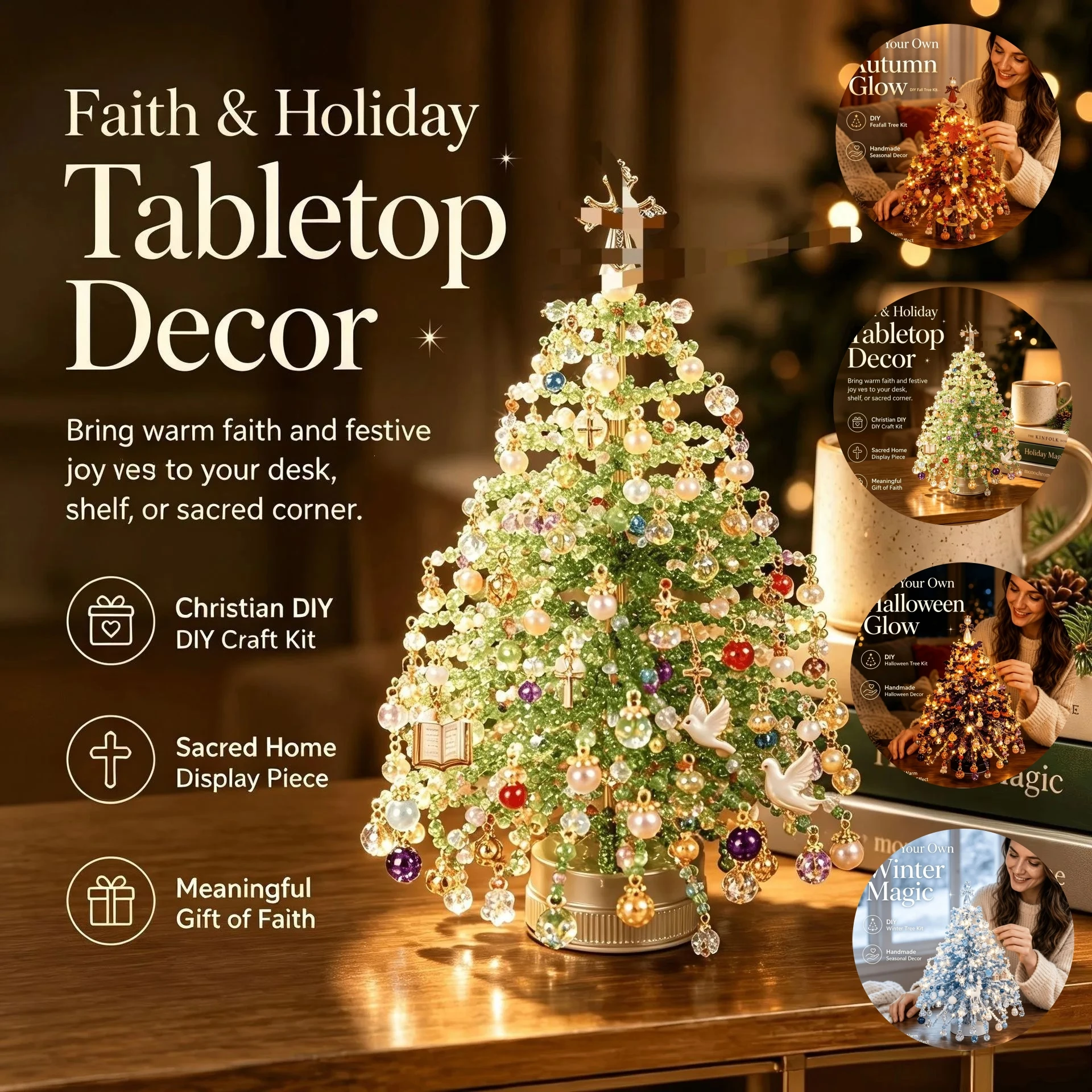 Handcrafted DIY Beaded Mini Christmas Tree Kit Tabletop Xmas Ornament for Home Holiday Decoration Gift