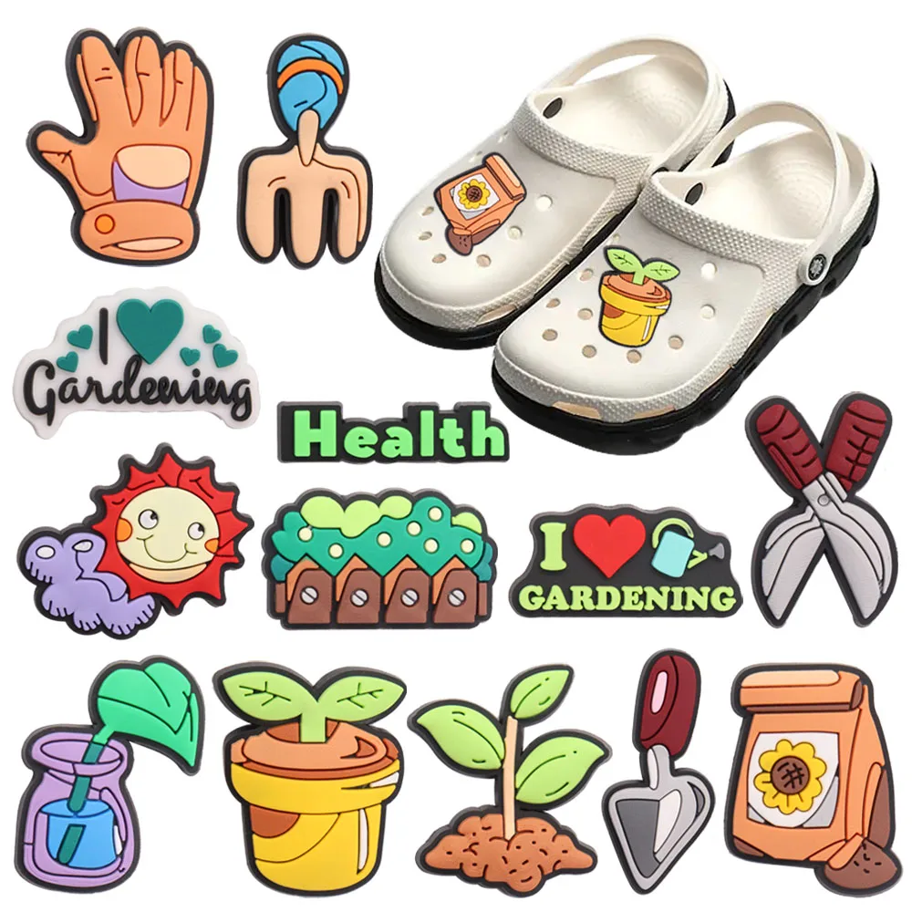 Good Quality 1-13pcs PVC Shoe Charms Potting Sun Shovel Shears PVC Accessories Sandals Ornaments For Children DIY Present