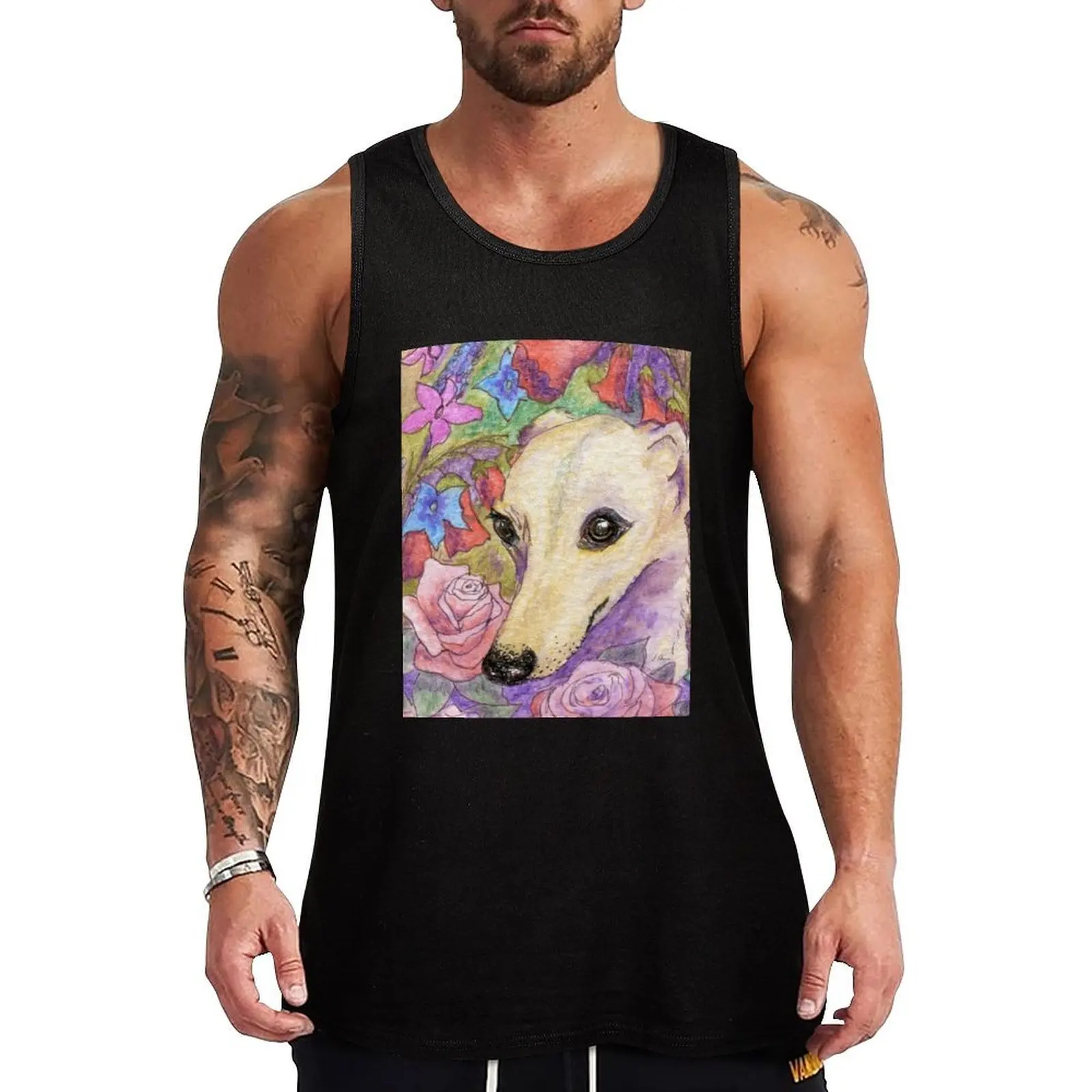 Shy flower whippet greyhound dog hiding in the garden Tank Top Flexible Comfort Tank Top Stretch Fabric Casual Wear
