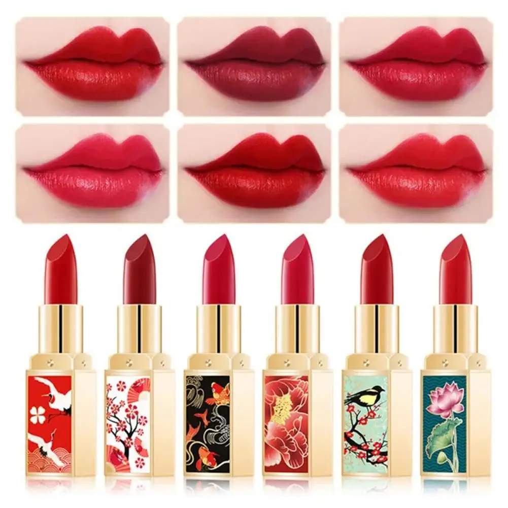 Lápiz labial de estilo chino tradicional, pintalabios rojo liso, suave, mate, 6 colores, maquillaje de labios chino, resistente al agua de larga duración