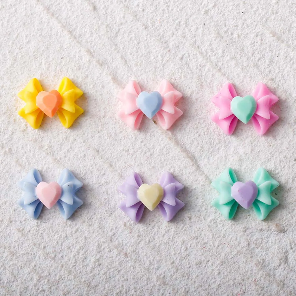 50pcs Kawaii Macarone Bow Nail Art Decorations 3D Resin Colorful Heart Bowknot Tie Nail Charms Designs DIY Nail Accessories