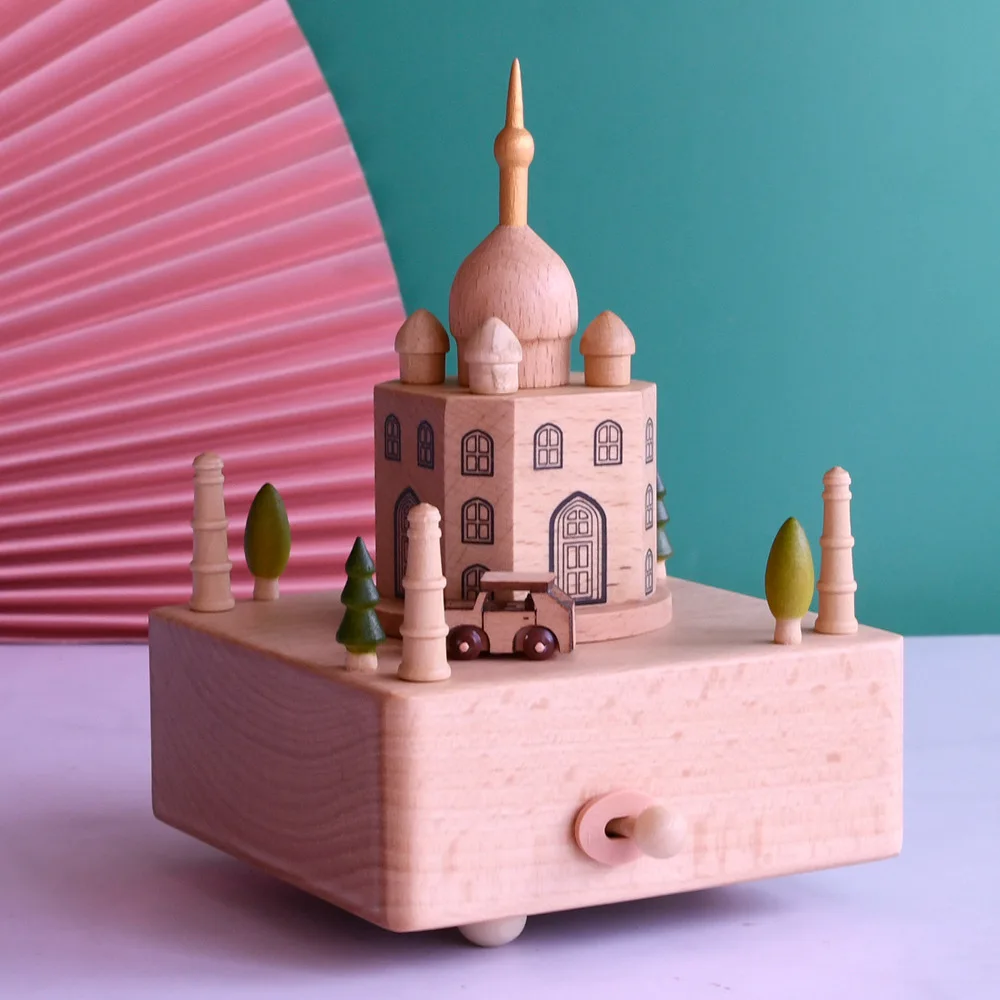 Handmade rotatable wooden music box, Taj Mahal building 18-tone music box holiday birthday gift