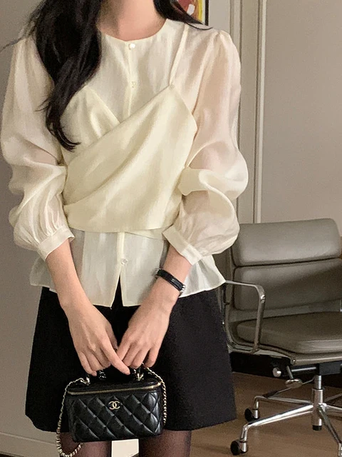 Ele Cross-Belted Long Sve irt Damen Faion Design Sensation Autumn Gentle Sle Chic Flair French Sle Loose Fit