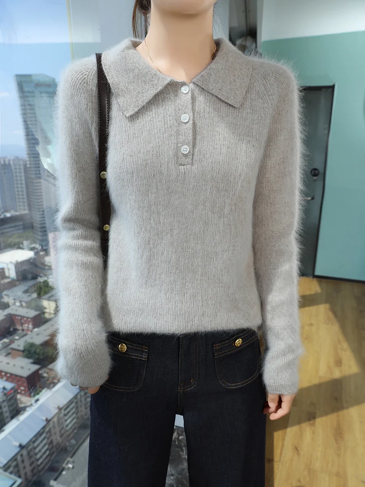 Women's Polo Collar Pullover Cashmere Sweater Autumn Winter 100% Mink Cashmere Thick Raglan Sleeve Knitwear Solid Clothing Tops