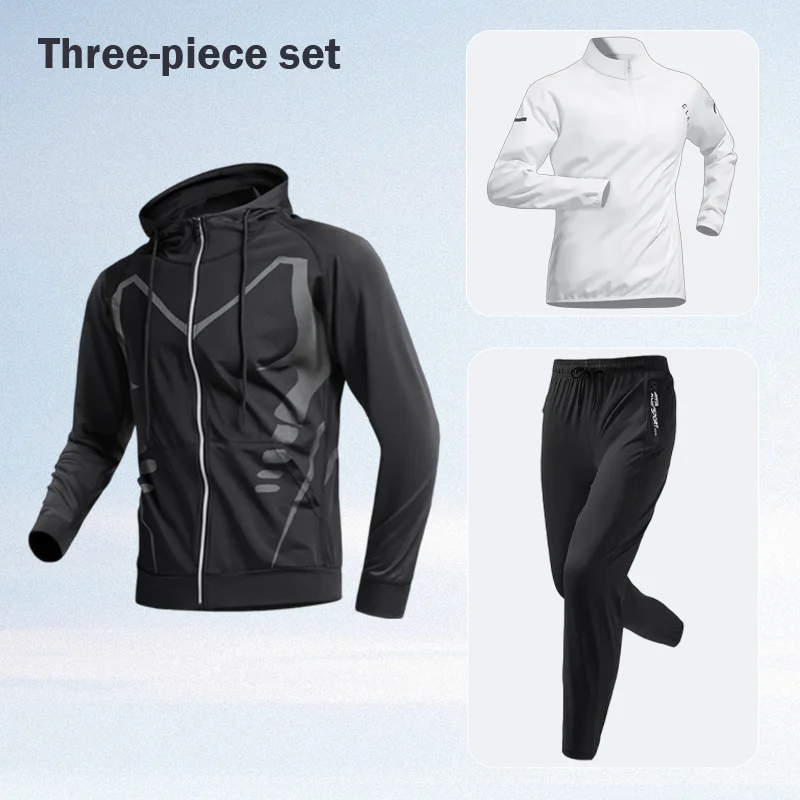 

Новый мужской спортивный костюм для бега из трех предметов, быстросохнущий, весна-лето, для фитнеса, утренних тренировок, бега и велоспорта