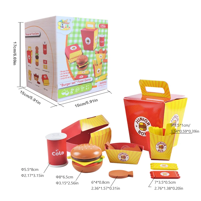 Children\'s simulation food toy set, wooden simulation burger, fries, wooden blocks, role-play, kitchen/shop, early learning toys