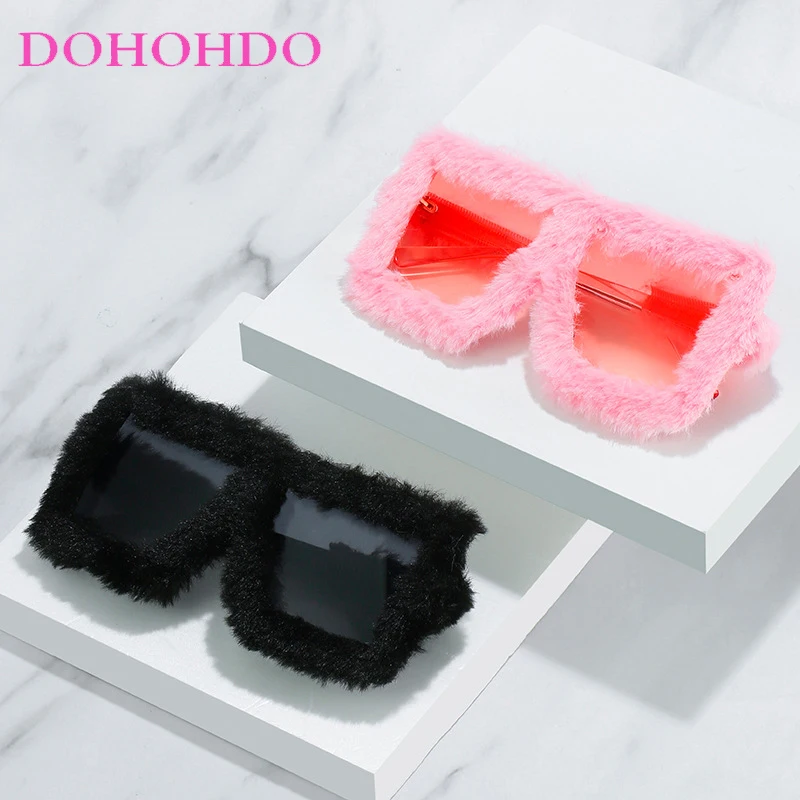 Fashion Tide Plush Cat Eye Sunglasses Cute Fluffy Winter Shades Square Frame Sun Glasses For Party Halloween Party Glasses UV400