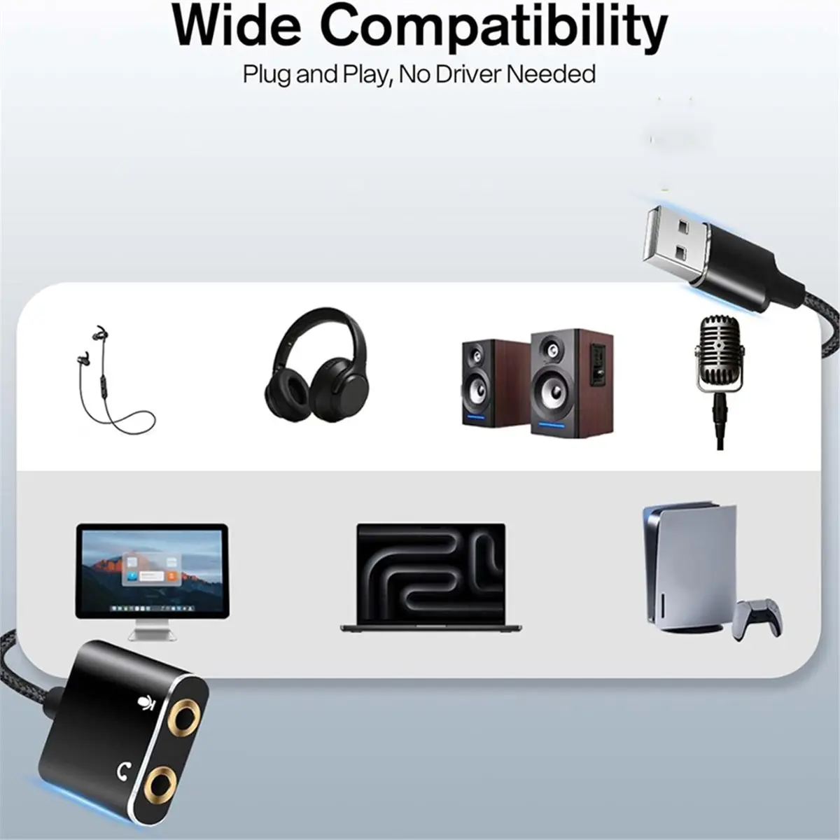 DTC5 USB Audio Interface for Computer, USB to 3.5mm Audio Adapter, External Sound Card with Headphone
