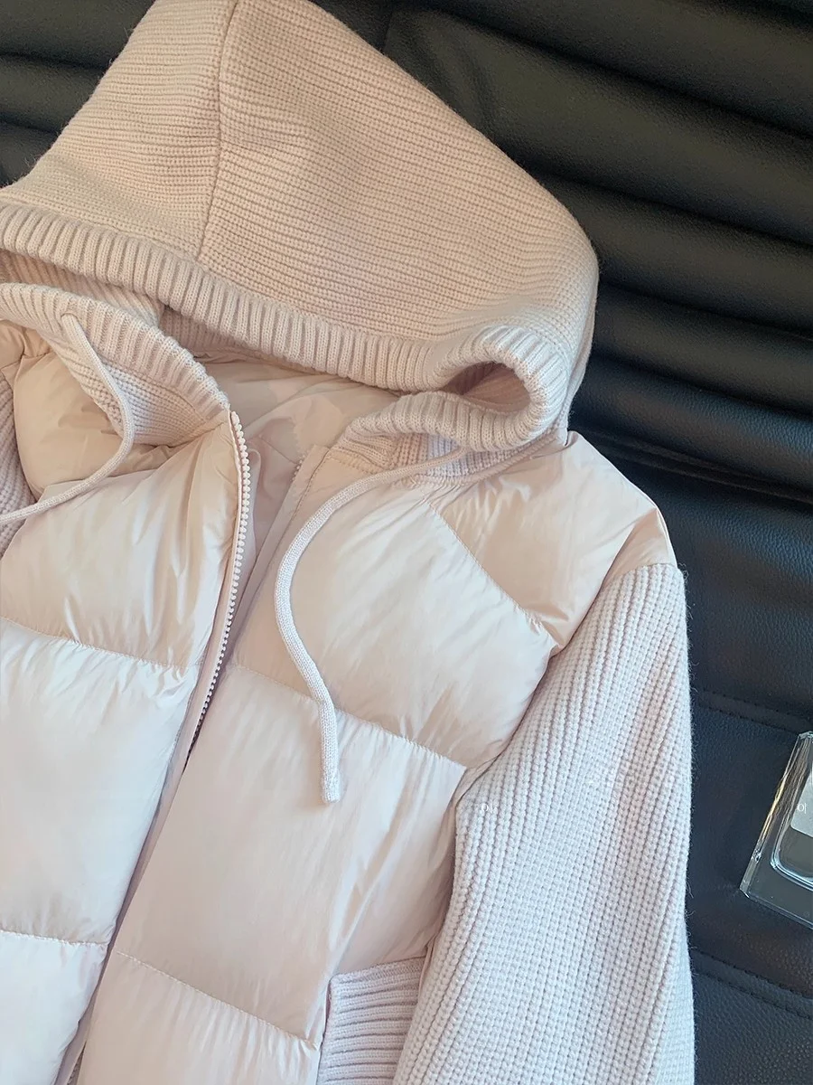 핑크 니트 스플라이스 모자 코튼 자켓 여성 겨울 신상 캐주얼 슬림 따뜻한 코튼 코트 아우터웨어 여성 패션