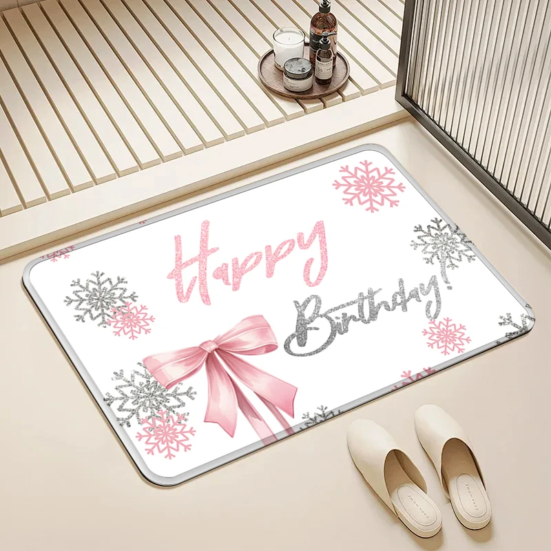 

Pink Bow Happy Birthday Door Mat Non-Slip Absorbent Floor Rug for Home Party Bathroom Decor