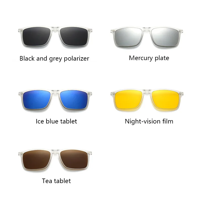 Transparent Square Frame Women Sunglasses 6 In 1 Magnetic Clip Glasses Men Polarized Night Vision Eyeglass