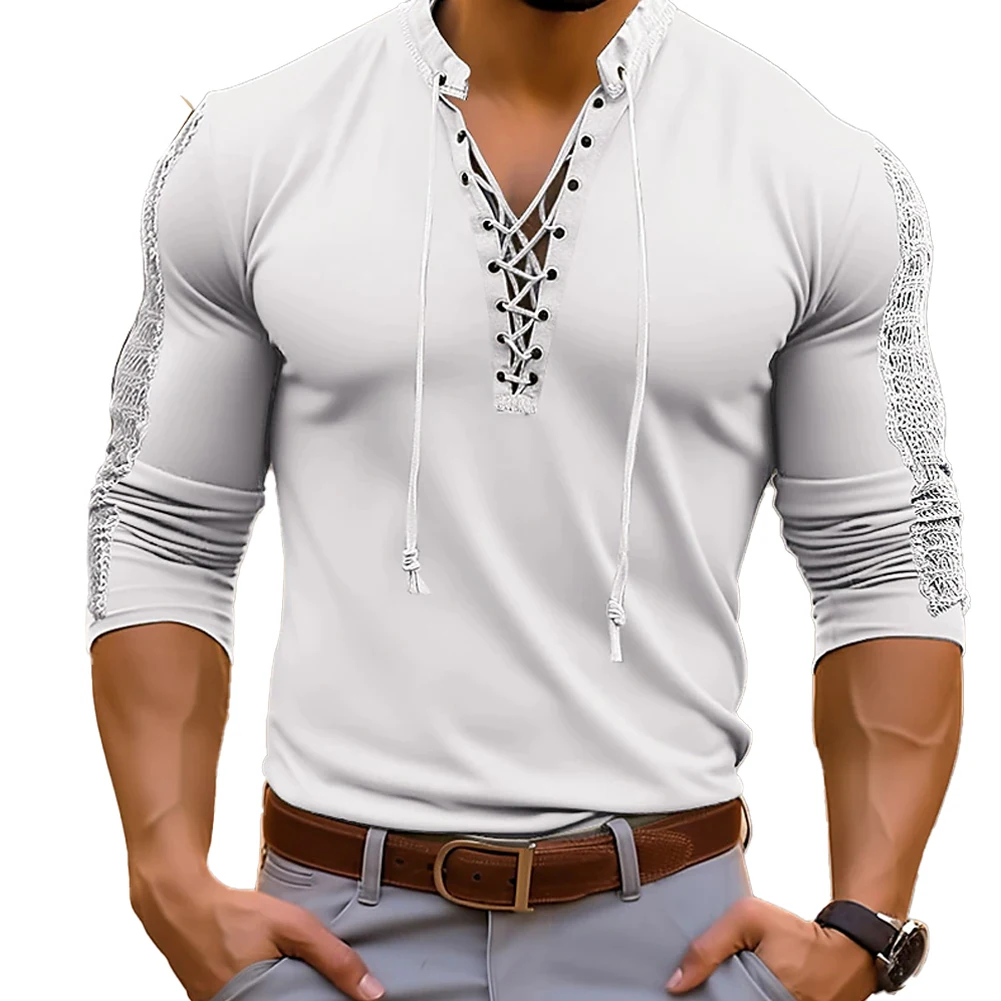 Clothing Top Summer 1 Pc Activewear T Shirt Blouse Breathable Winter Casual Classic Fall Lace Up Long Sleeve Male