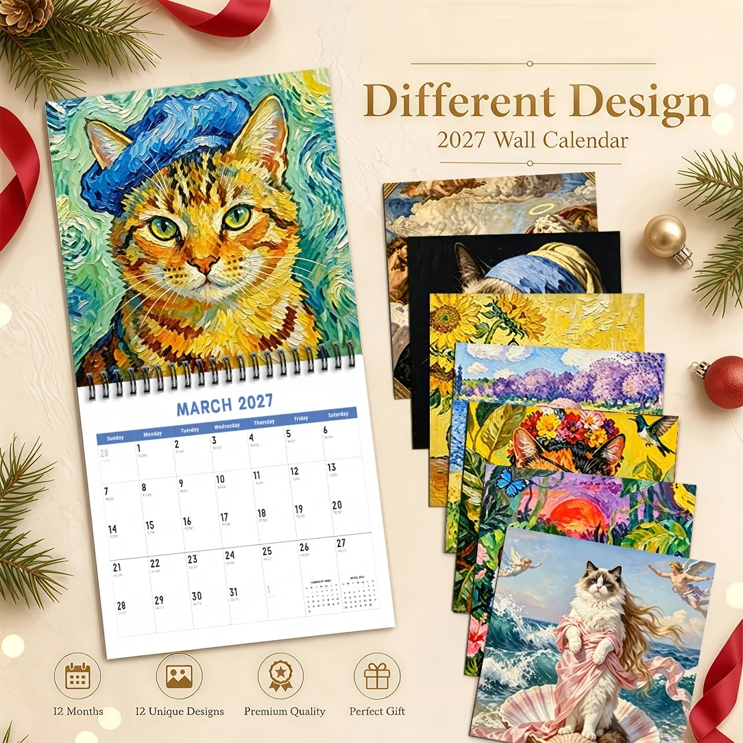Screaming Cat Pattern 2027 Calendar Double Sided 12 Month Vibrant Color Personal Schedule Home Office Interior Decoration Suppli