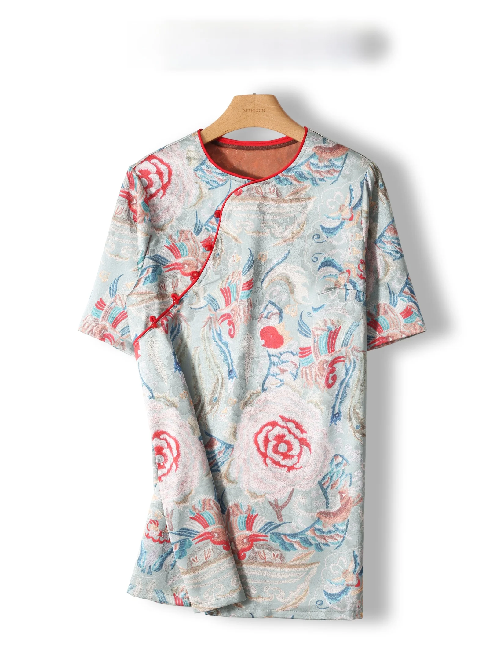 

Young Women's Reformed Tang Suit Top Buttoned Chinese Style Floral Print Shirt Short Sleeve Slim Fit Middle Length Casual Blouse
