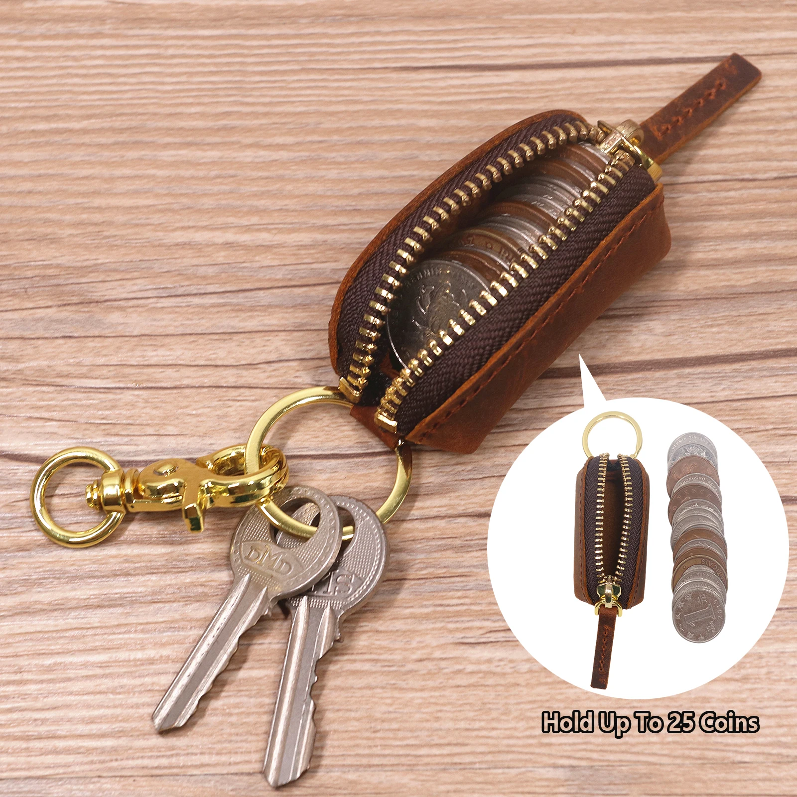 Portachiavi portamonete in vera pelle per uomo donna Portamonete con cerniera piccola fatto a mano in pelle bovina originale con portachiavi in ottone