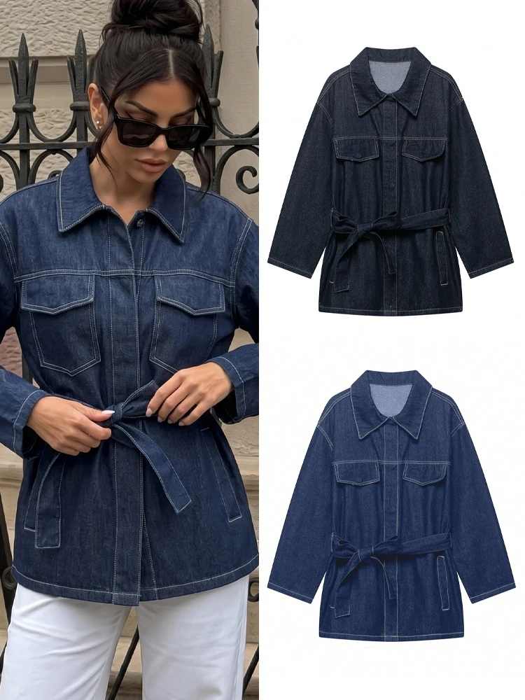 Women Long Sleeve Blue Denim Coat Single Breasted Long Sleeve Lapel With Pockets Belt Outwear Autumn Graduation Season Jacket
