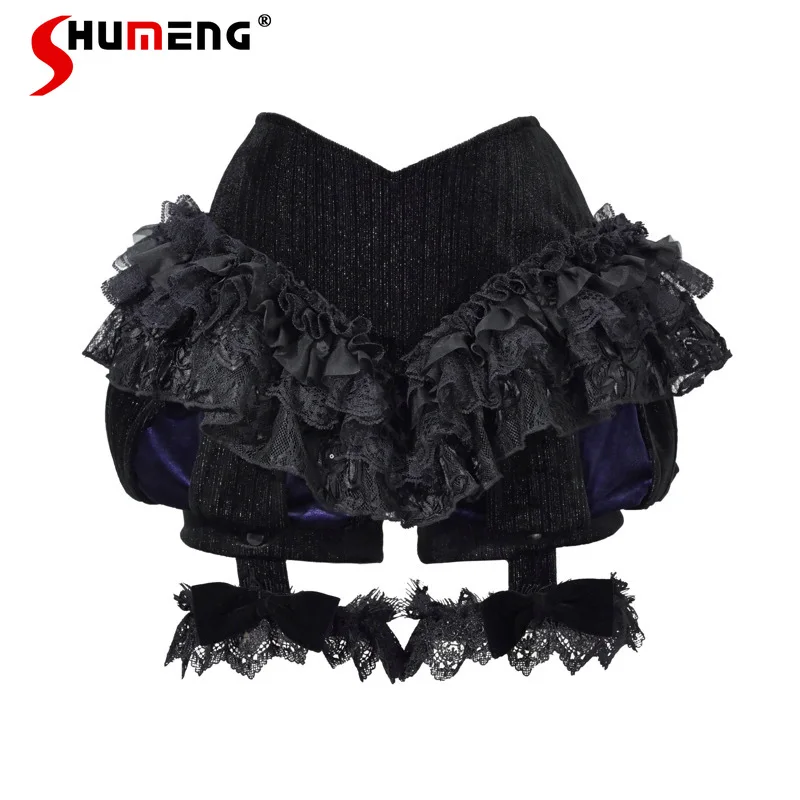 멋진 고딕 벨벳 레이스 스커트 팬츠 고급스러운 호박 팬츠 할로윈 가을 겨울 독특한 디자인 반바지 Y2k 쿨 큐롯츠